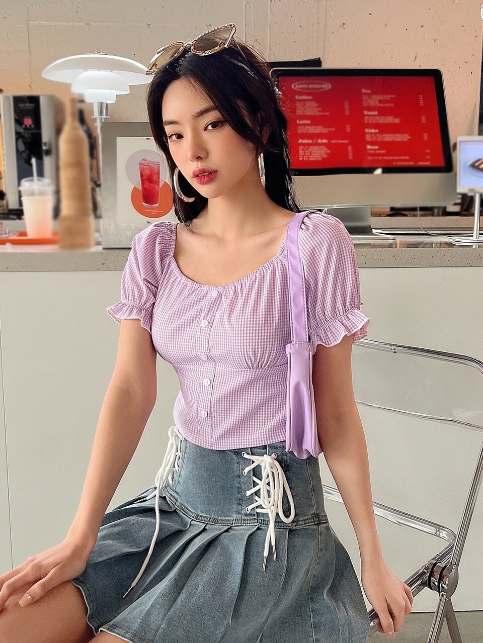 Gingham Button Through Puff Sleeve Blouse