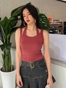 DAZY Solid Halter Neck Tank Top - Watermelon Pink - View 1