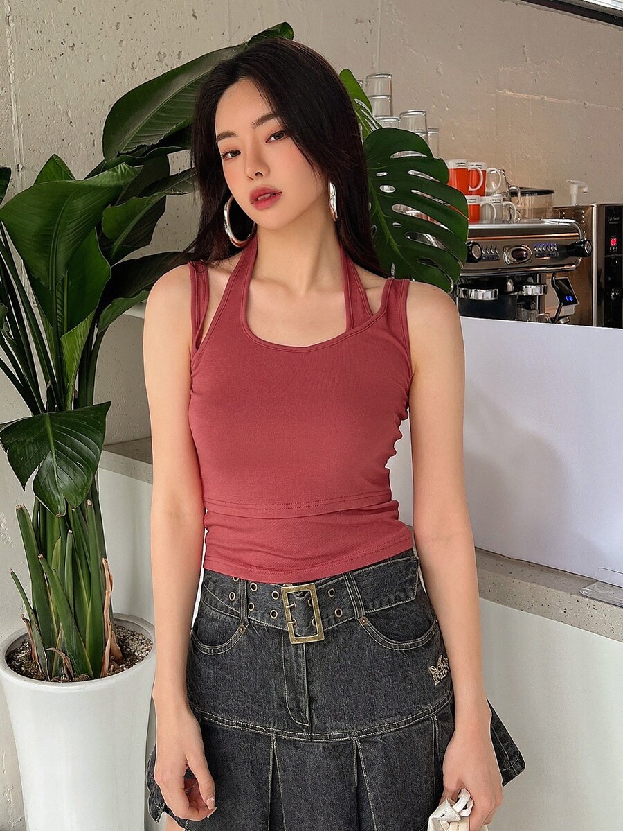 DAZY Solid Halter Neck Tank Top - Watermelon Pink - View 1