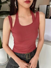 DAZY Solid Halter Neck Tank Top - Watermelon Pink - View 3