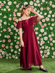 SHEIN Tween Girls Cold Shoulder Ruffle Trim Party Dress - Burgundy - View 4