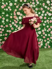 SHEIN Tween Girls Cold Shoulder Ruffle Trim Party Dress - Burgundy - View 5