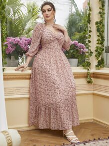 Mulvari 大碼小碎花燈籠袖雞心領口荷葉邊洋裝