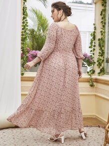 Mulvari 大碼小碎花燈籠袖雞心領口荷葉邊洋裝