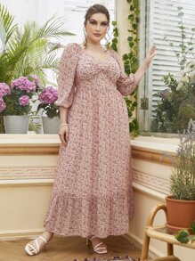 Mulvari 大碼小碎花燈籠袖雞心領口荷葉邊洋裝