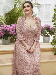 Mulvari 大碼小碎花燈籠袖雞心領口荷葉邊洋裝