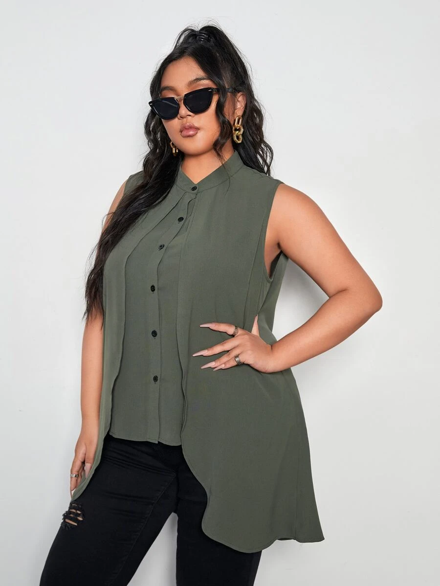 SHEIN Essnce Áo sơ mi Plus Size Nút phía trước màu trơn Giải trí - xanh quân đội - Xem 1
