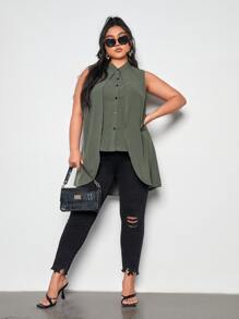 SHEIN Essnce Áo sơ mi Plus Size Nút phía trước màu trơn Giải trí - xanh quân đội - Xem 4