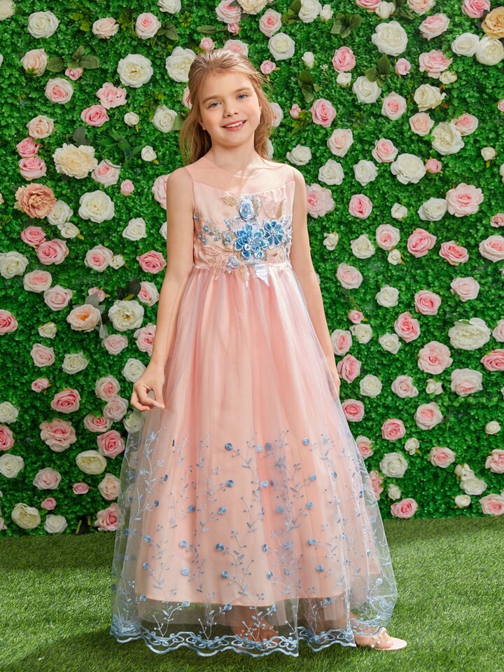 SHEIN ティーンガール 花柄刺繡 アップリケ ビーズ メッシュ