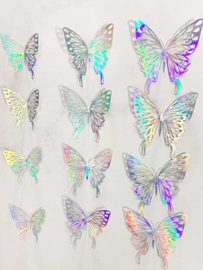 12入組3D蝴蝶形狀牆貼銀鏤空紙蝴蝶貼紙裝飾