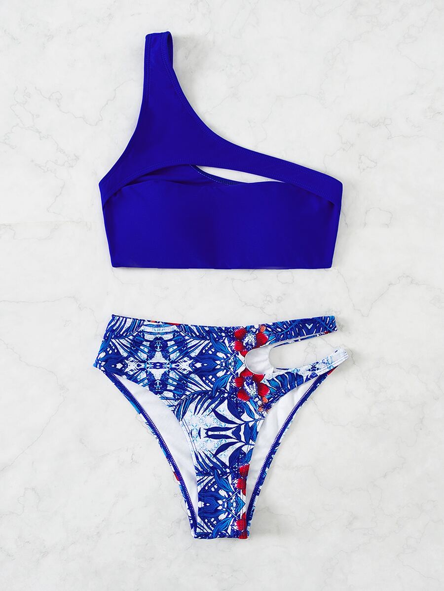 Cut Out Asymmetrical Neck Top & Random Tropical Print High Waist Bottom Bikini Set, For Summer Beach Vacation - متعدد الألوان - مشاهدة 1