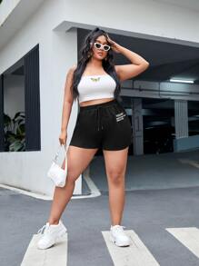 CovetEZ Plus Slogan Graphic Drawstring Waist Shorts - Black - View 4