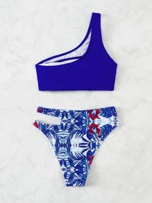 Cut Out Asymmetrical Neck Top & Random Tropical Print High Waist Bottom Bikini Set, For Summer Beach Vacation - متعدد الألوان - مشاهدة 2