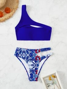 Cut Out Asymmetrical Neck Top & Random Tropical Print High Waist Bottom Bikini Set, For Summer Beach Vacation - متعدد الألوان - مشاهدة 4