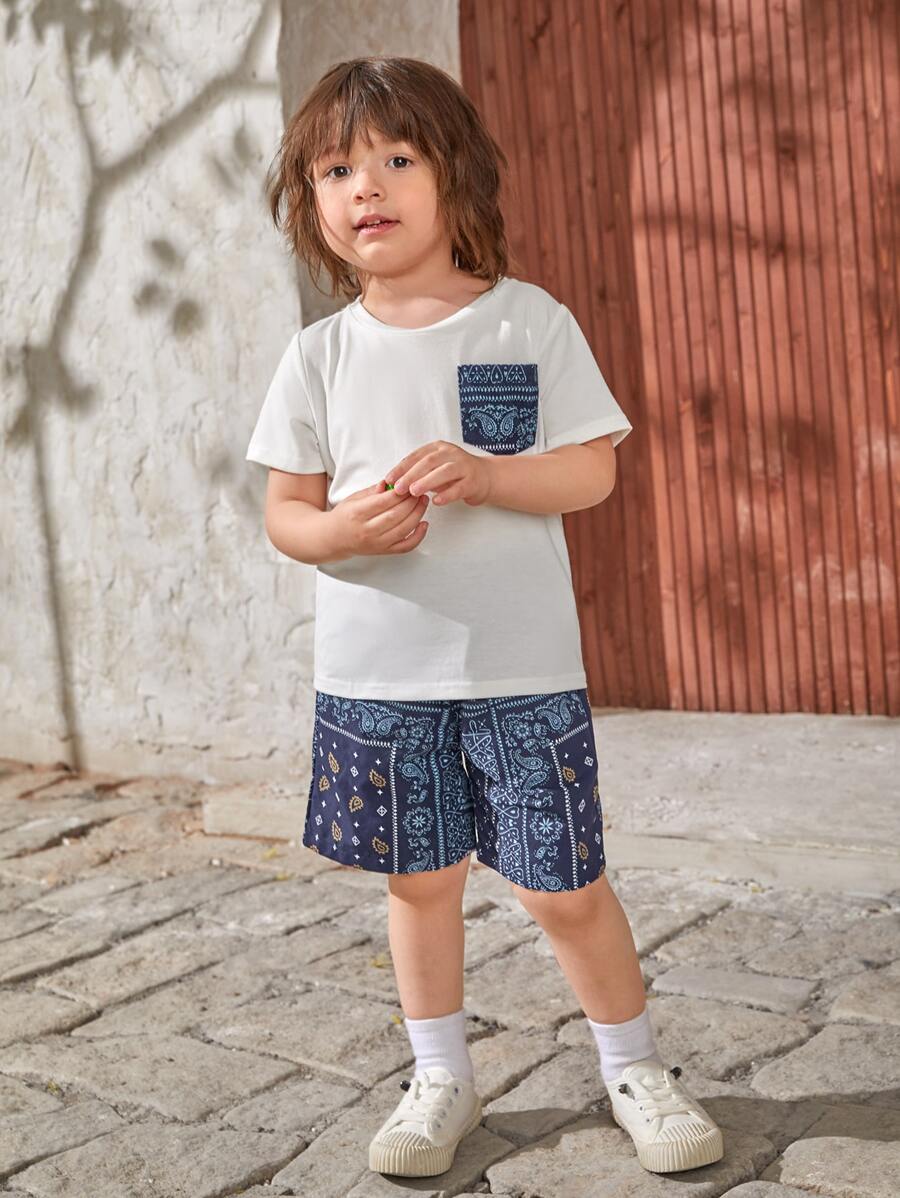 SHEIN 年輕男孩印花拼接口袋t恤和短褲 - 藍白色 - 查看 1