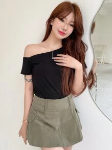 DAZY Solid Asymmetrical Neck Tee - Black - View 4