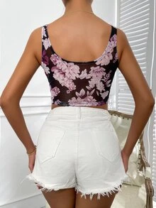 SHEIN Unity Floral Print Asymmetrical Hem Mesh Tank Top - Multicolor - View 2