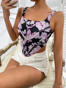SHEIN Unity Floral Print Asymmetrical Hem Mesh Tank Top - Multicolor - View 4