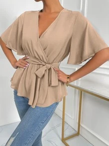 SHEIN LUNE Solid Wrap Belted V-neck Blouse - Khaki - View 1