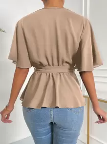 SHEIN LUNE Solid Wrap Belted V-neck Blouse - Khaki - View 2