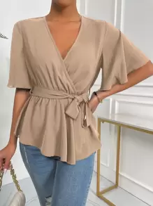 SHEIN LUNE Solid Wrap Belted V-neck Blouse - Khaki - View 5