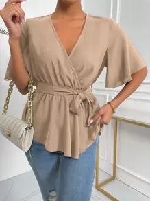 SHEIN LUNE Solid Wrap Belted V-neck Blouse - Khaki - View 6