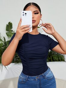SHEIN SXY Solid Ruched Slim Tee - Navy Blue - View 1