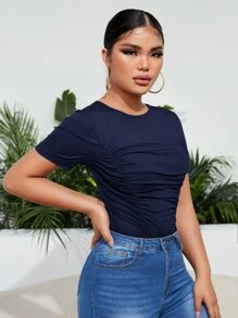 SHEIN SXY Solid Ruched Slim Tee - Navy Blue - View 5