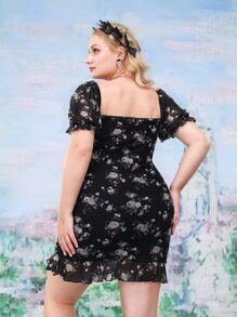 Dreamara Đầm Plus Size Xù Viên lá sen Hoa Thanh lịch - màu đen - Xem 2