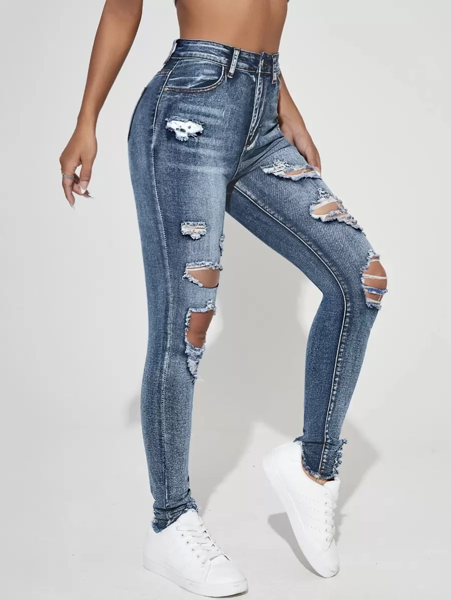 SHEIN Essnce High Waist Ripped Raw Trim Skinny Jeans Ripped Jeans - Medium Wash - View 1