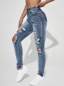 SHEIN Essnce High Waist Ripped Raw Trim Skinny Jeans Ripped Jeans - Medium Wash - View 3