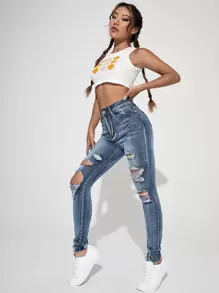 SHEIN Essnce High Waist Ripped Raw Trim Skinny Jeans Ripped Jeans - Medium Wash - View 5