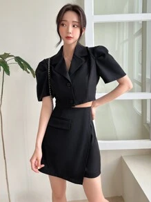 DAZY Single Breasted Puff Sleeve Top & Flap Detail Skirt - Black - View 1