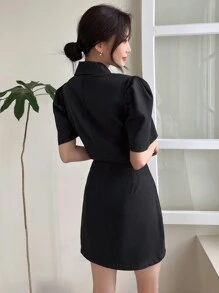 DAZY Single Breasted Puff Sleeve Top & Flap Detail Skirt - Black - View 2