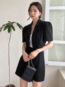 DAZY Single Breasted Puff Sleeve Top & Flap Detail Skirt - Black - View 4