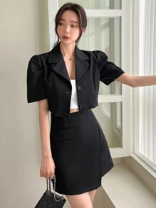 DAZY Single Breasted Puff Sleeve Top & Flap Detail Skirt - Black - View 5