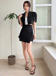 DAZY Single Breasted Puff Sleeve Top & Flap Detail Skirt - Black - View 6