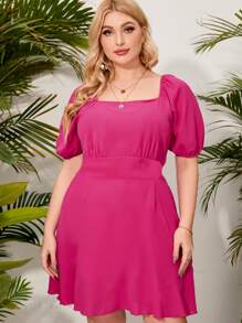 Vestido unicolor de cuello cuadrado de manga farol - Rosa Fucsia - Ver 1