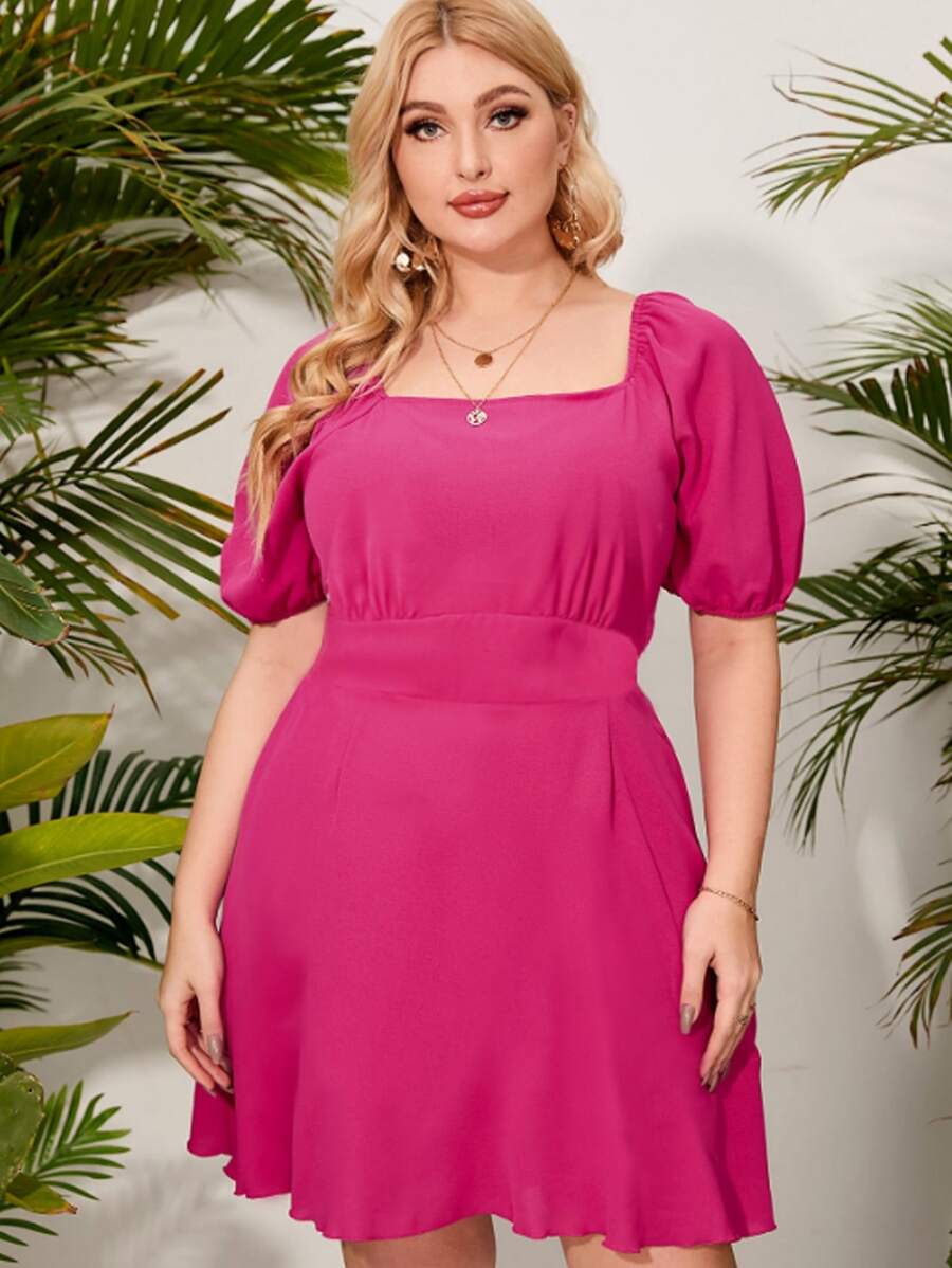 Vestido unicolor de cuello cuadrado de manga farol - Rosa Fucsia - Ver 1