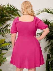 Vestido unicolor de cuello cuadrado de manga farol - Rosa Fucsia - Ver 2