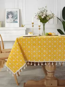 美式波西米亞風格亞麻黃色幾何長方形桌布，適合西餐廳、廚房、咖啡館和派對裝飾，1 件 - 黃色 - 查看 3
