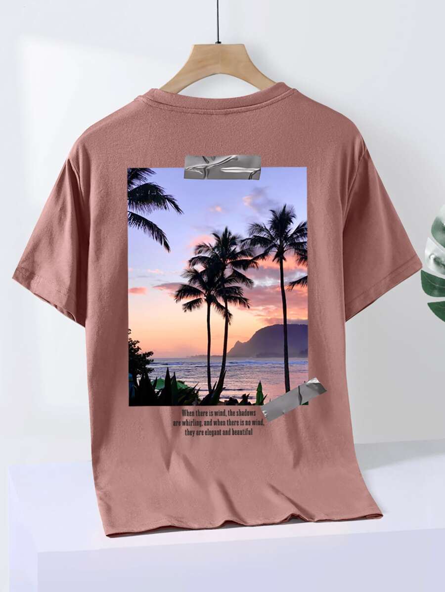 Manfinity RSRT Hombres Camiseta con estampado de mar &árbol de coco - Color caoba - Ver 1