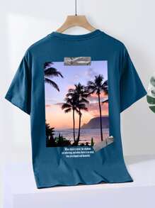 Manfinity RSRT Camiseta con estampado de mar y árbol de coco - Azul Marino - Ver 1