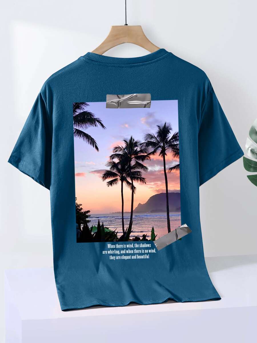 Manfinity RSRT Camiseta con estampado de mar y árbol de coco - Azul Marino - Ver 1