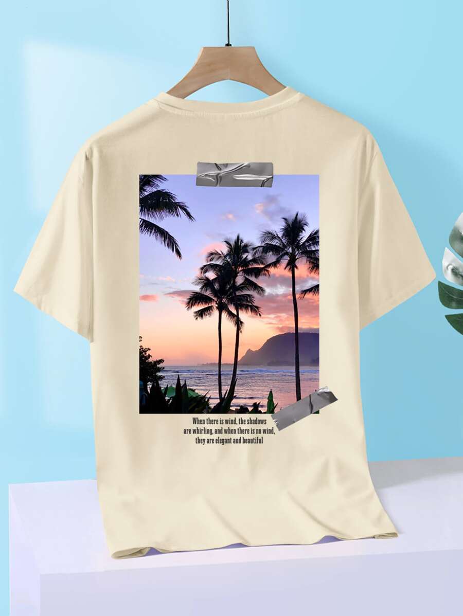 Manfinity RSRT Hombres Camiseta con estampado de mar & de árbol de coco - Albaricoque - Ver 1