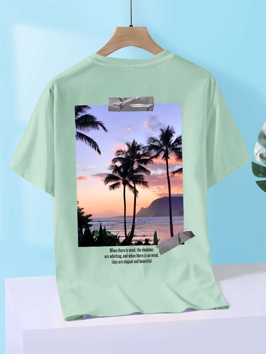 Manfinity RSRT Hombres Camiseta con estampado de mar & árbol de coco - verde menta - Ver 1