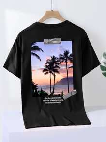 Manfinity RSRT Hombres Camiseta con estampado de mar & árbol de coco - Negro - Ver 1