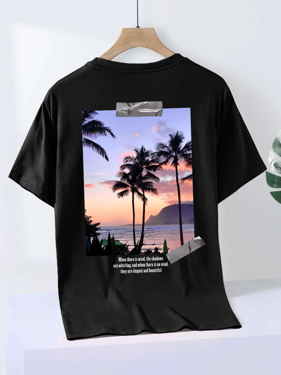 Manfinity RSRT Hombres Camiseta con estampado de mar & árbol de coco - Negro - Ver 1