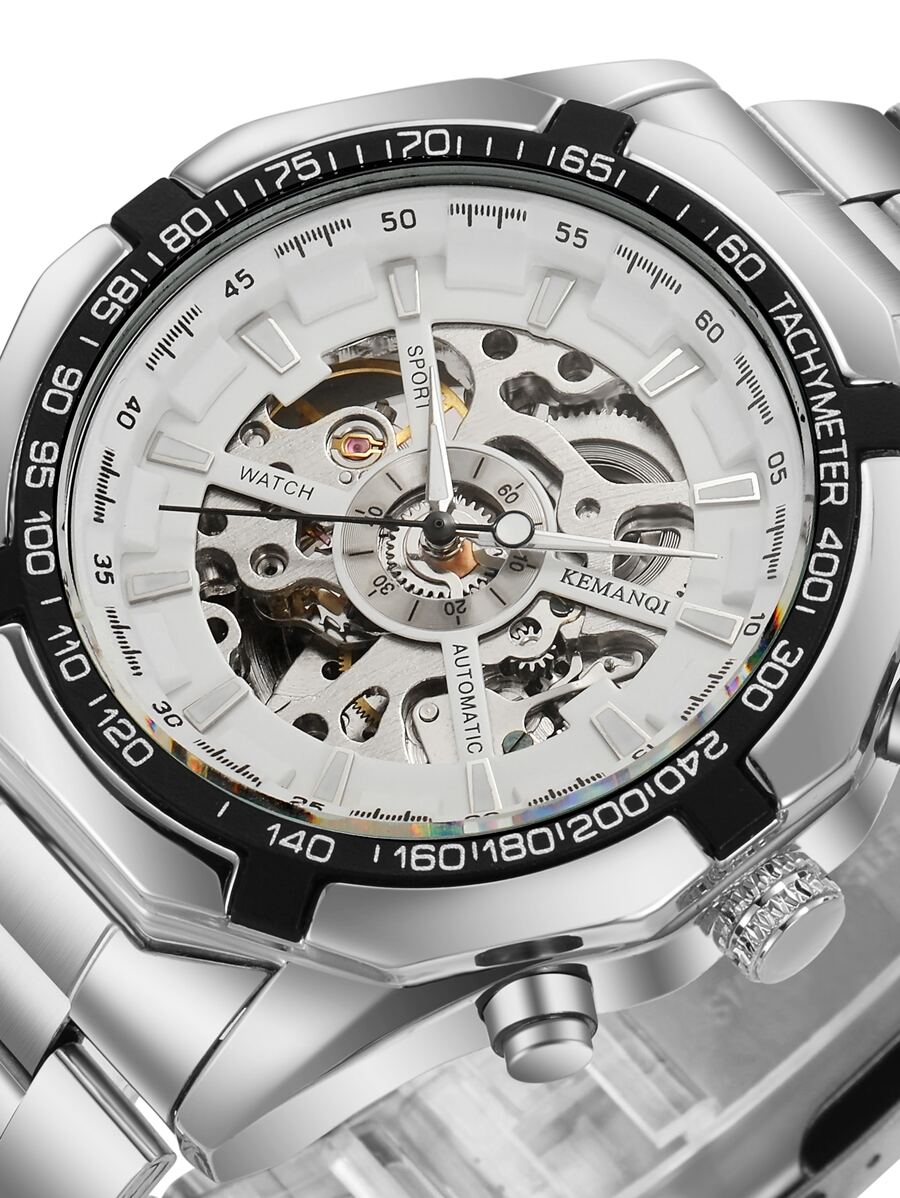 Men Hollow Out Round Pointer Mechanical Watch As A Gift For Students Returning To School - White - View 1