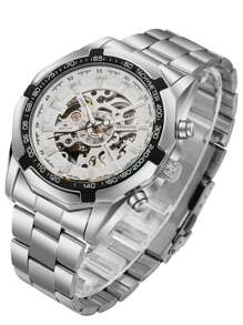Men Hollow Out Round Pointer Mechanical Watch As A Gift For Students Returning To School - White - View 4